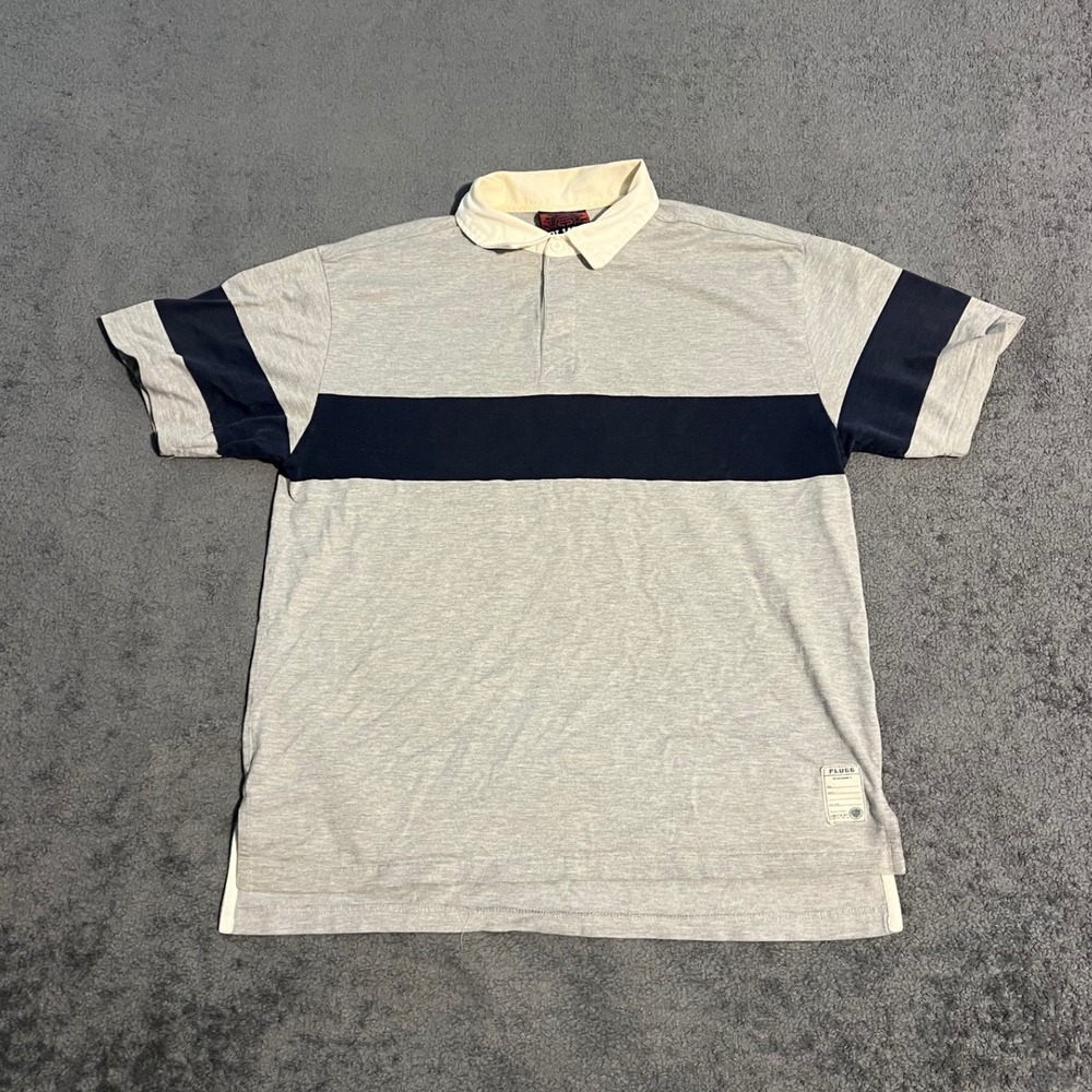 Vintage Plugg Mens Rugby Shirt Short Sleeve Gray Navy Stripe Polo Size Medium